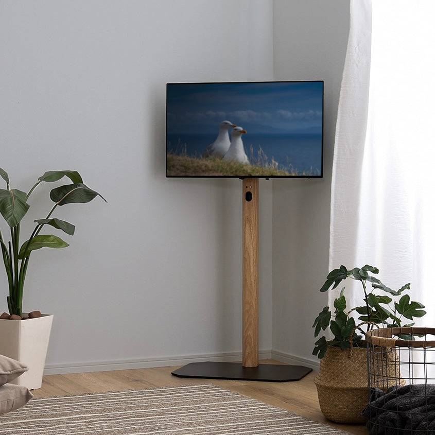 テレビスタンドにテレビが設置されていて、角に寄せられている様子
