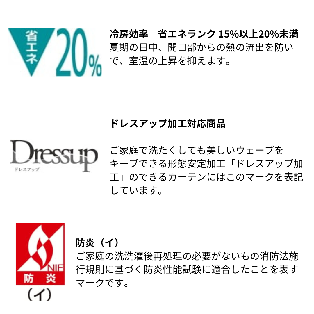 形状安定加工がされたカーテン、防炎マーク、15%以上20%未満の冷房効率アップ
