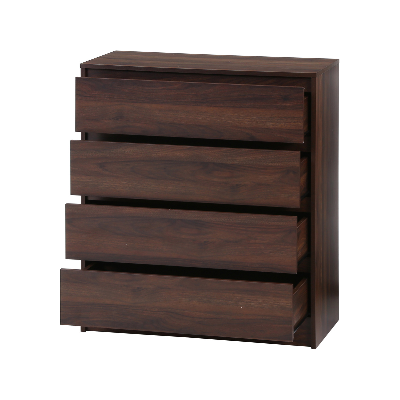 4段チェストウォルナット本体全体の引き出しが開いた状態を写している様子