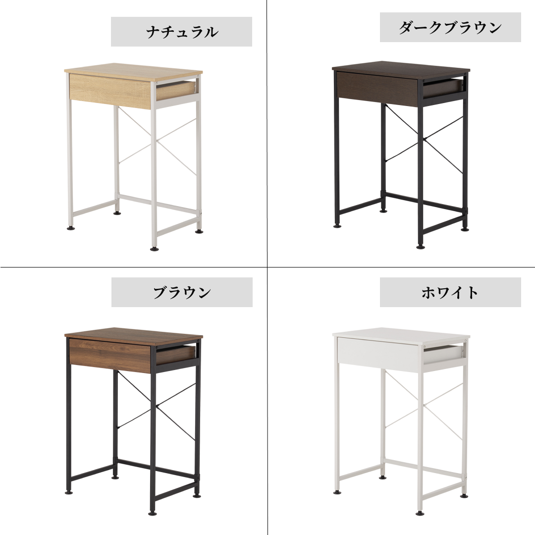 幅60cmのごみ箱上ラックのナチュラル、ダークブラウン、ブラウン、白仕上げの木製天板と金属フレームのミニマリスト引き出し付きナイトスタンド