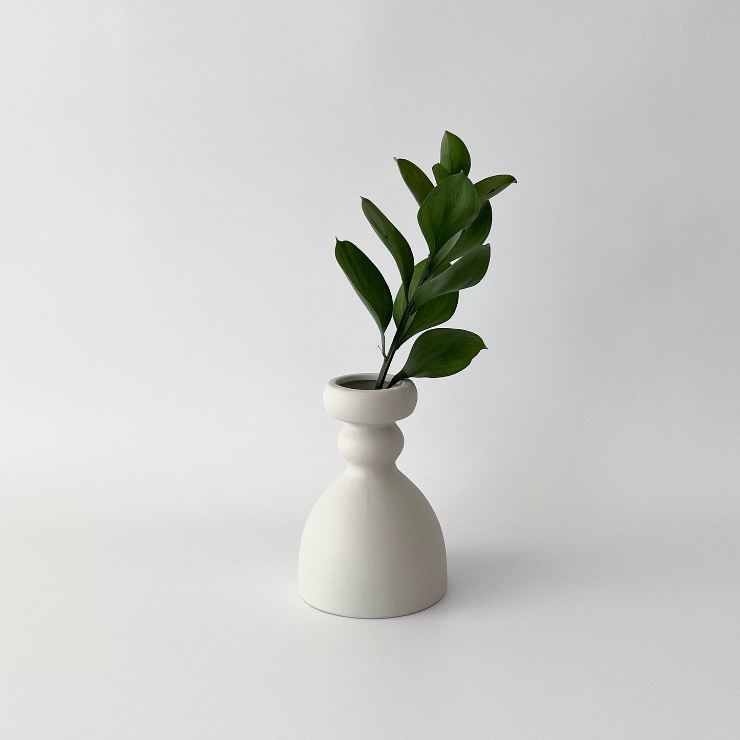 セラミック製マットホワイトのキャンドルホルダーと植物