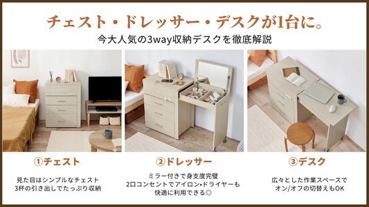 チェスト・ドレッサー・デスクが1台に。3WAY収納デスクを徹底解説