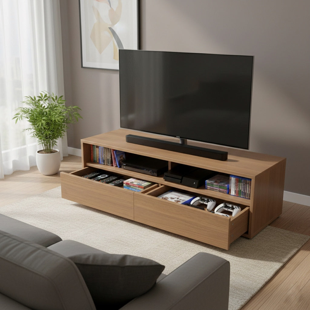 木目調の引き出し付きテレビボードの引き出しを開けた様子