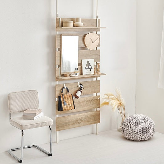 ナチュラルの突っ張りミラー付きラック