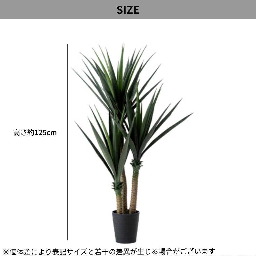 フェイクグリーンのユッカでダークグリーンのスパイキーな葉と黒い鉢の人工観葉植物です。