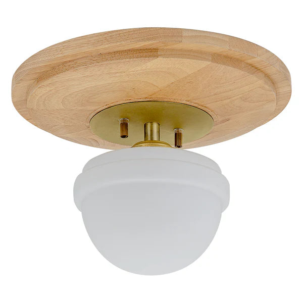 天然木とガラスシェードを組み合わせたシーリングライトが天井に設置されている様子