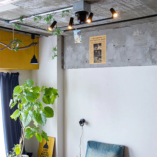 4つ電球がついたLEDシーリングライトのブラックカラーがリビングの天井に設置されている