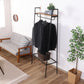 ブラック金属と木製のハンガーラックにウッドラック付きで下棚に編みかごがある商品