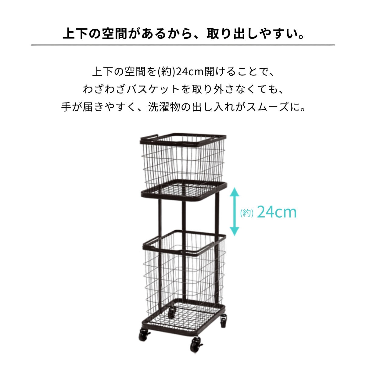黒の金属製三段ワイヤーバスケットカートでシンプルランドリーラックとして使えます。