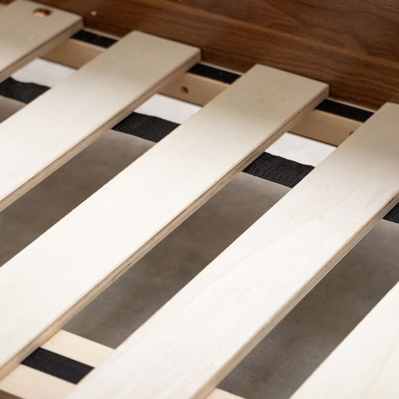 マットレスがズレにくい「ドロップマット構造」の白のローベッドフレームのすのこ部分のアップ