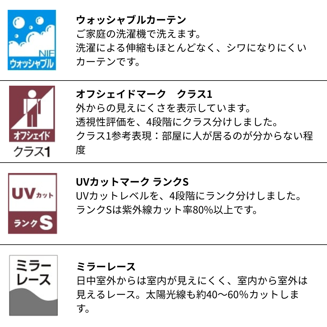 外からの視線を遮りつつ室内に自然な光を取り込めるミラーレースシアーカーテンの機能表示アイコン