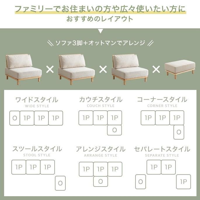 ベージュの布張りウッドフレームローソファでライトウッドの脚が特徴の多様な配置のアームチェア