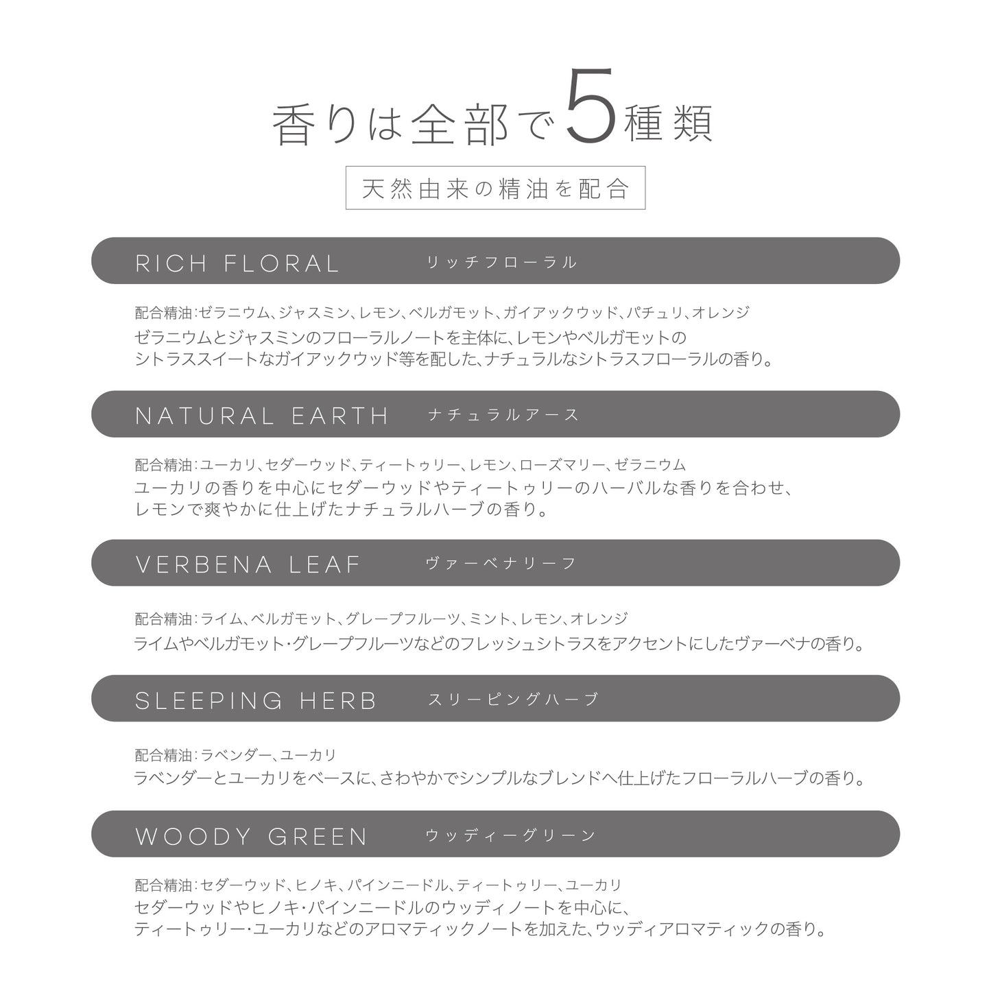 リードディフューザー全5種類の香り説明の一覧