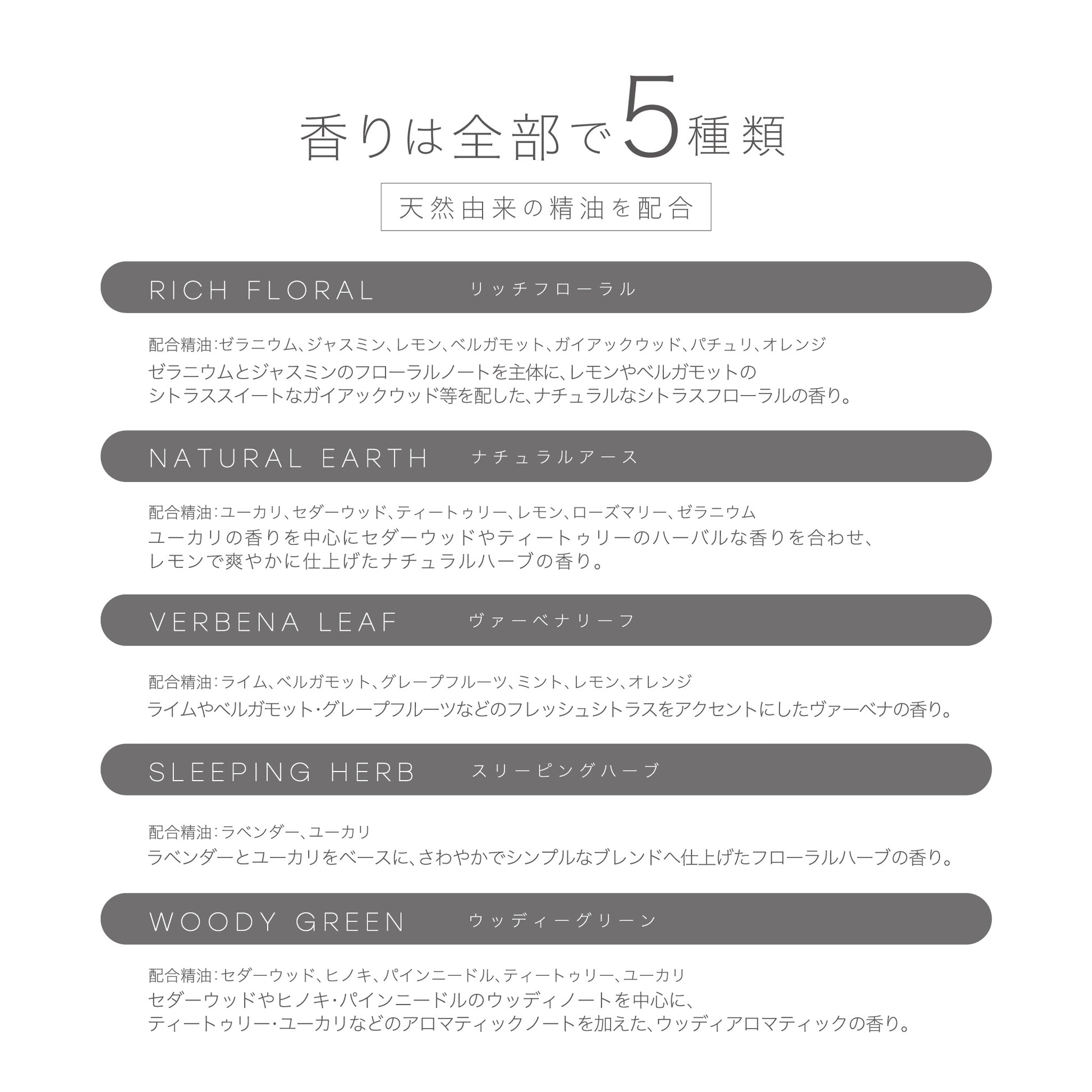 リードディフューザー全5種類の香り説明の一覧