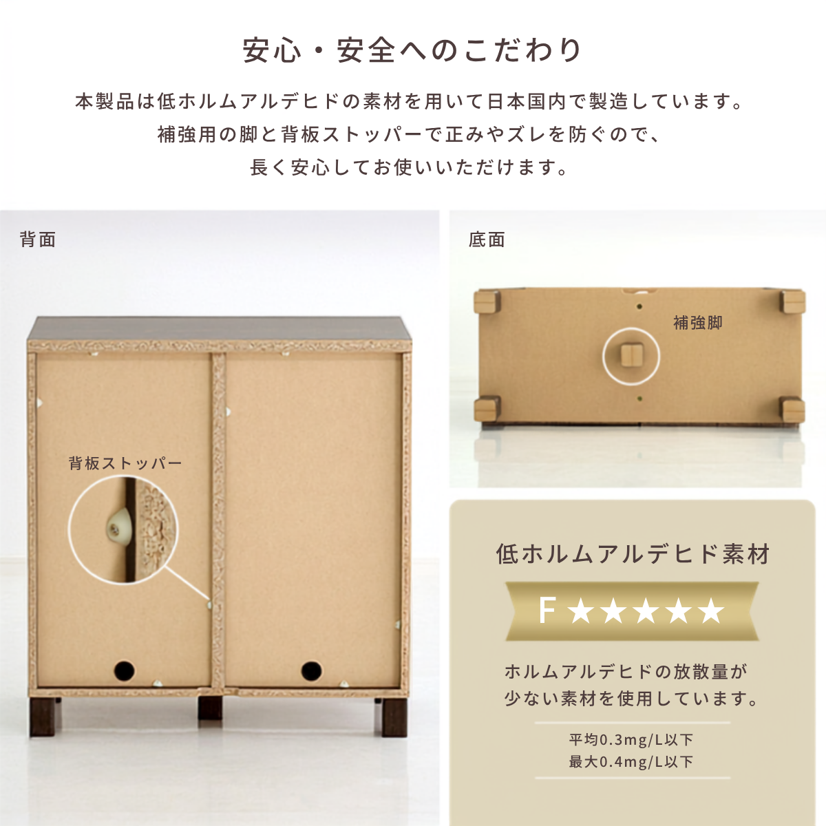 幅75cmのプッシュ式扉付きベージュ木製キャビネットで低ホルム材と濃茶脚を採用しています。