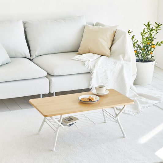 メッシュシェルフの収納付きナチュラルウッドの折り畳みテーブル