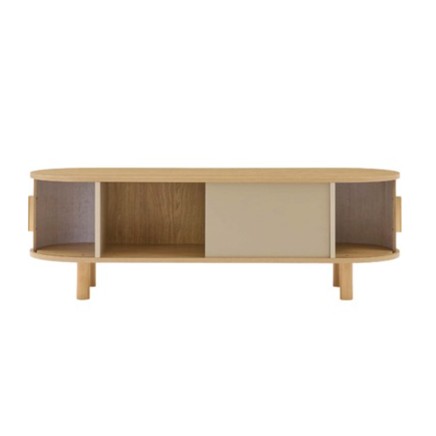 ベージュのモダンデザインのテレビボードの引き出しを開けた様子