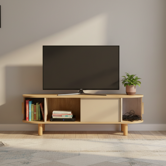 ベージュのモダンデザインのテレビボードを部屋に置いている様子