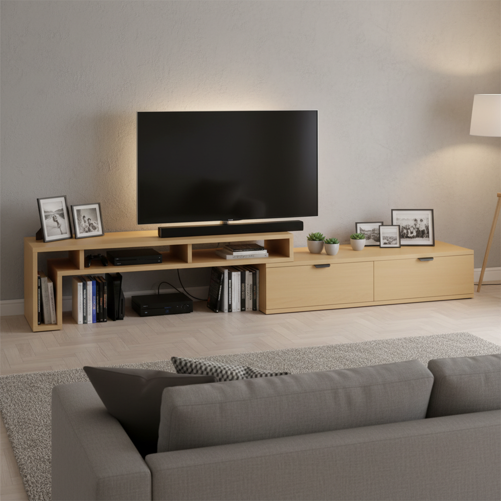 木目調の伸縮式のテレビボードを最大限まで伸ばしている様子