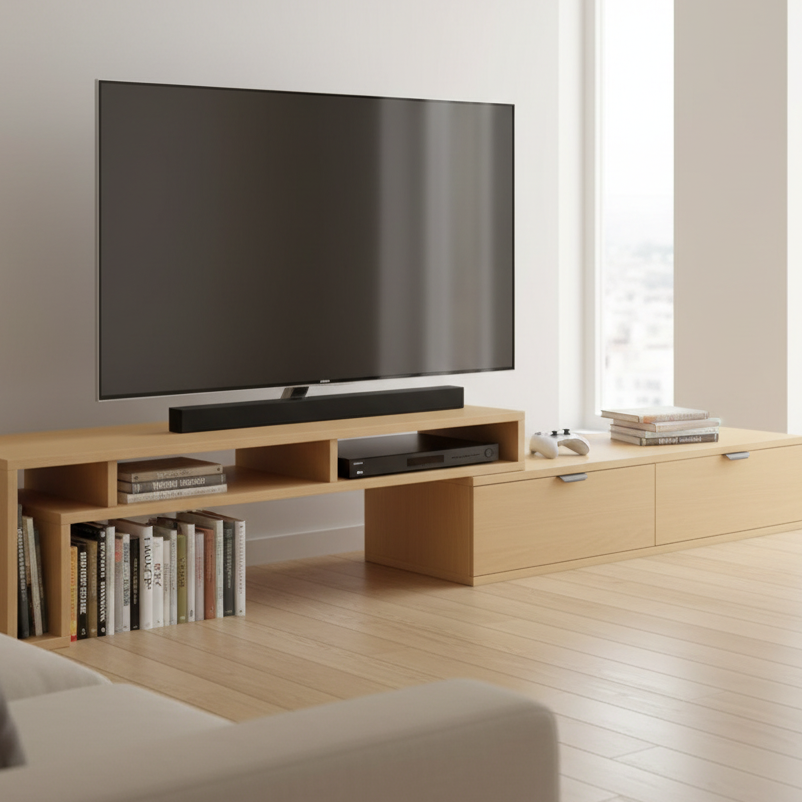 木目調の伸縮式のテレビボードを最大限まで伸ばして部屋に置いている様子