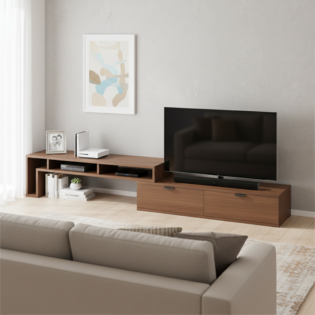 ブラウンの伸縮性のテレビボードを最大限まで伸ばして部屋に置いている様子