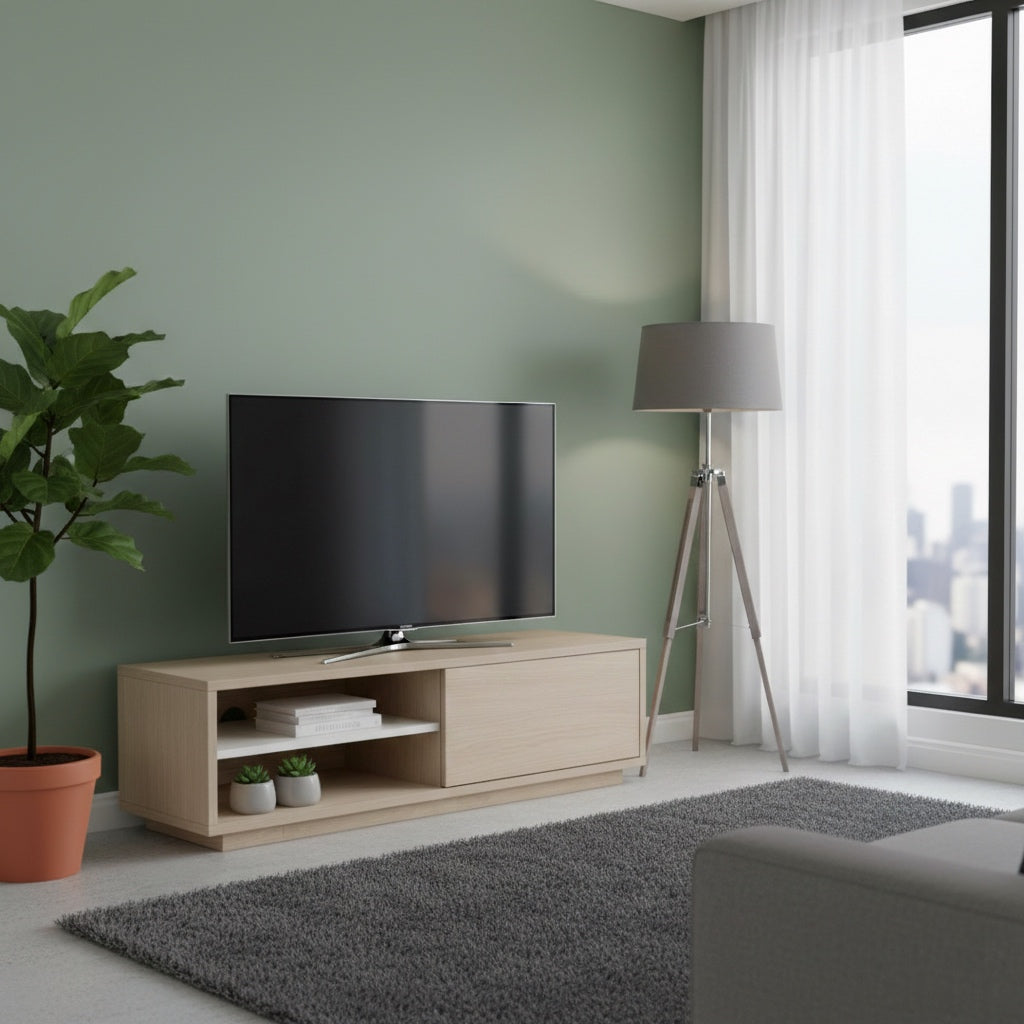 ナチュラルな木目調のスライド扉付きテレビボード