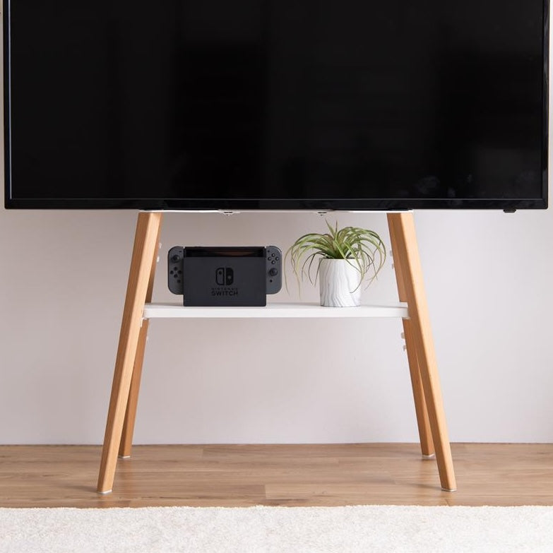 ホワイトのラックが付いたウッド脚のテレビスタンド