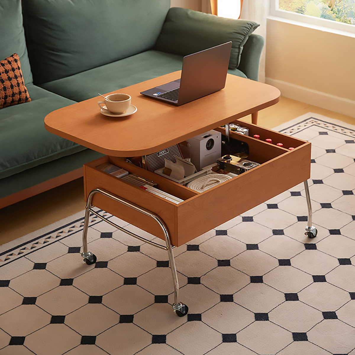 Light brown wooden 2wayキャメルセンターテーブル with lift-top design chrome metal legs and wheels
