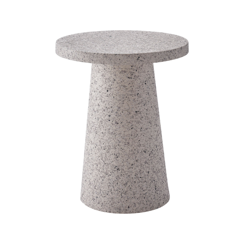 テラゾー柄ラウンドサイドテーブルライトグレーを白抜きで写している写真