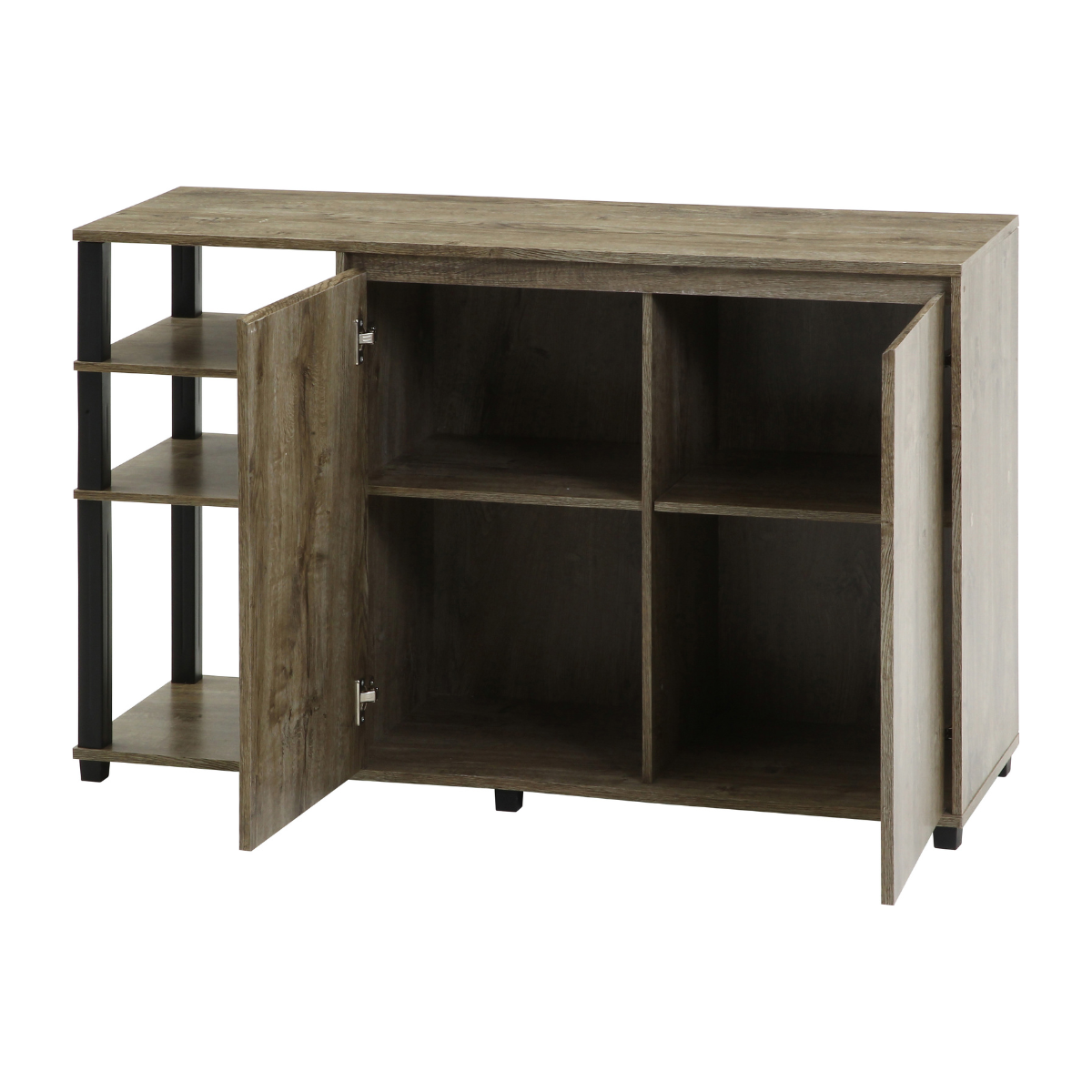 オープンラックが一体になった、ウッド素材のキャビネットの収納部分