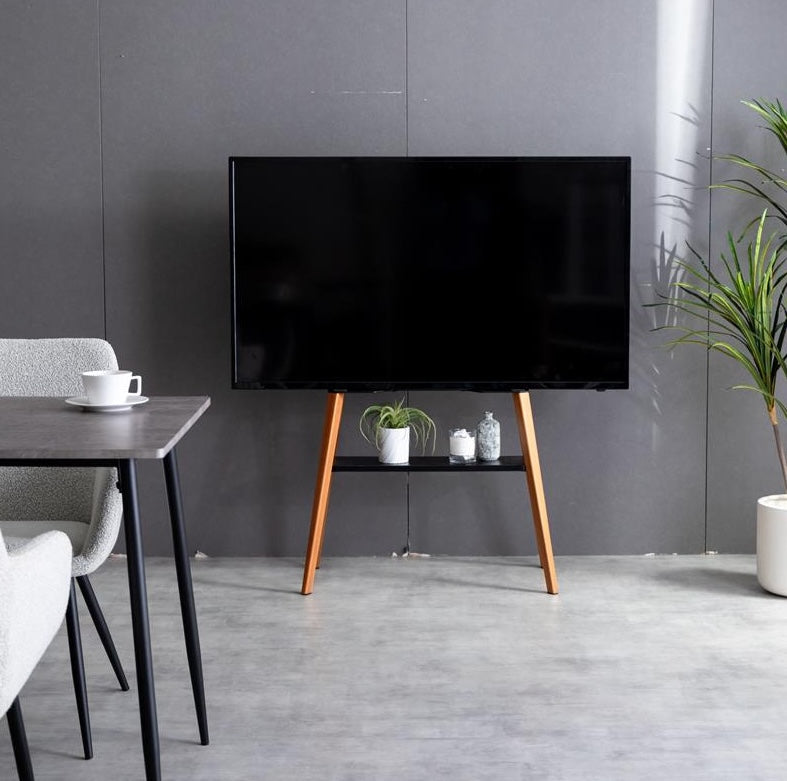 ブラックのラックが付いたウッド脚のテレビスタンド