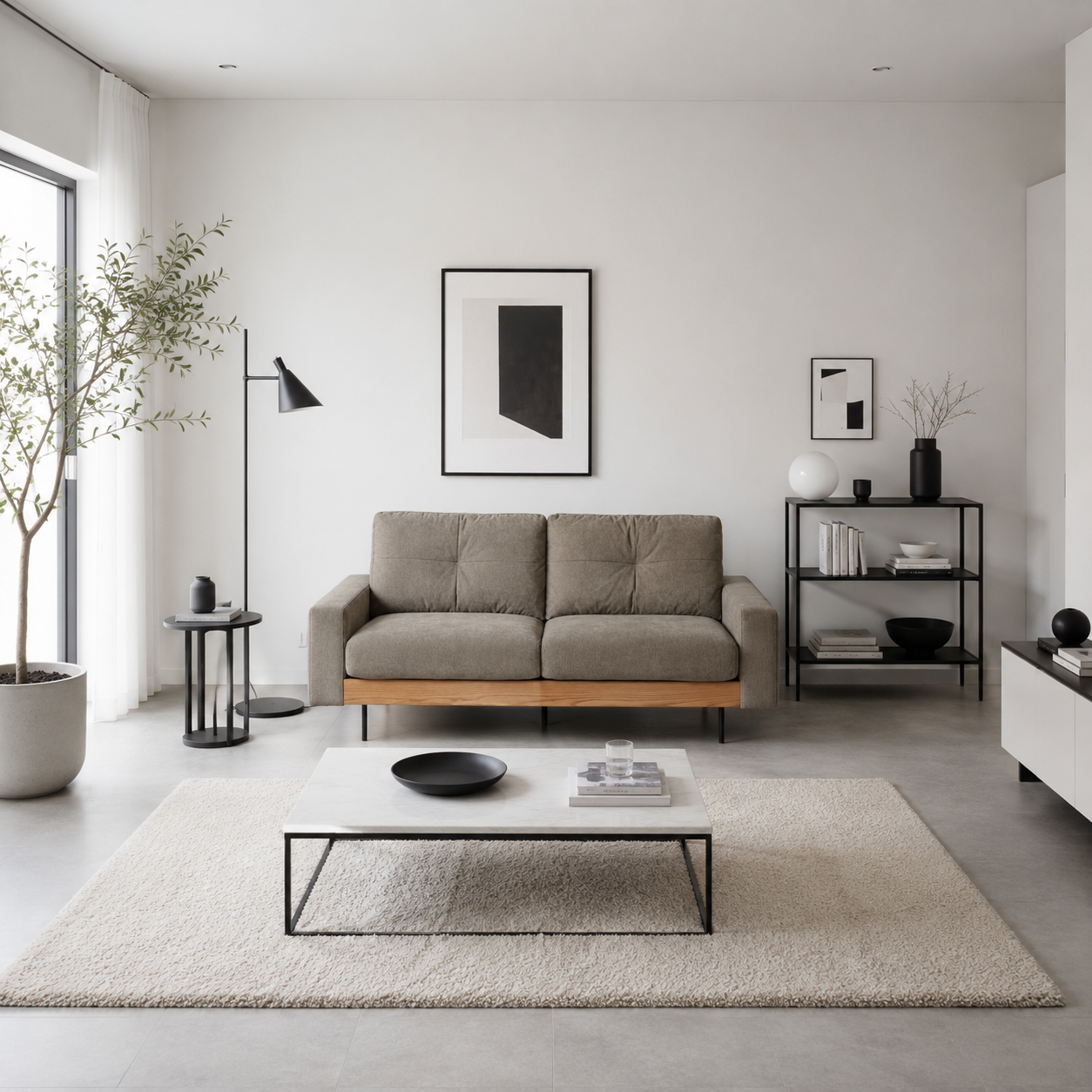 ベージュのフラックスソファで木製の台座付きの tufted ソファです