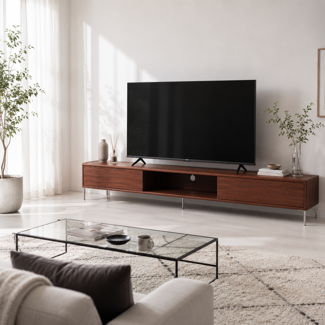 コニフローボードのスリムな黒い画面とミニマリストスタンドを備えた現代的なフラットスクリーンテレビ