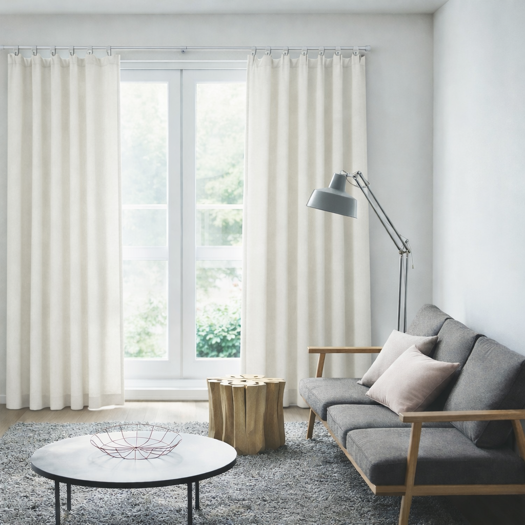 キャンバス地風のボリュームのあるドレープカーテンが窓にかかったリビング