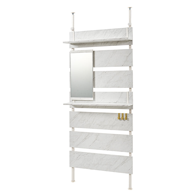 マーブルホワイトの突っ張りミラー付きラック