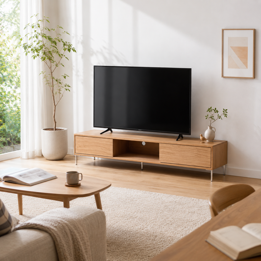 ライトオーク材のスリムメタル脚付きテレビ台コニフローボード、引き出し2つと中央オープン棚付き。