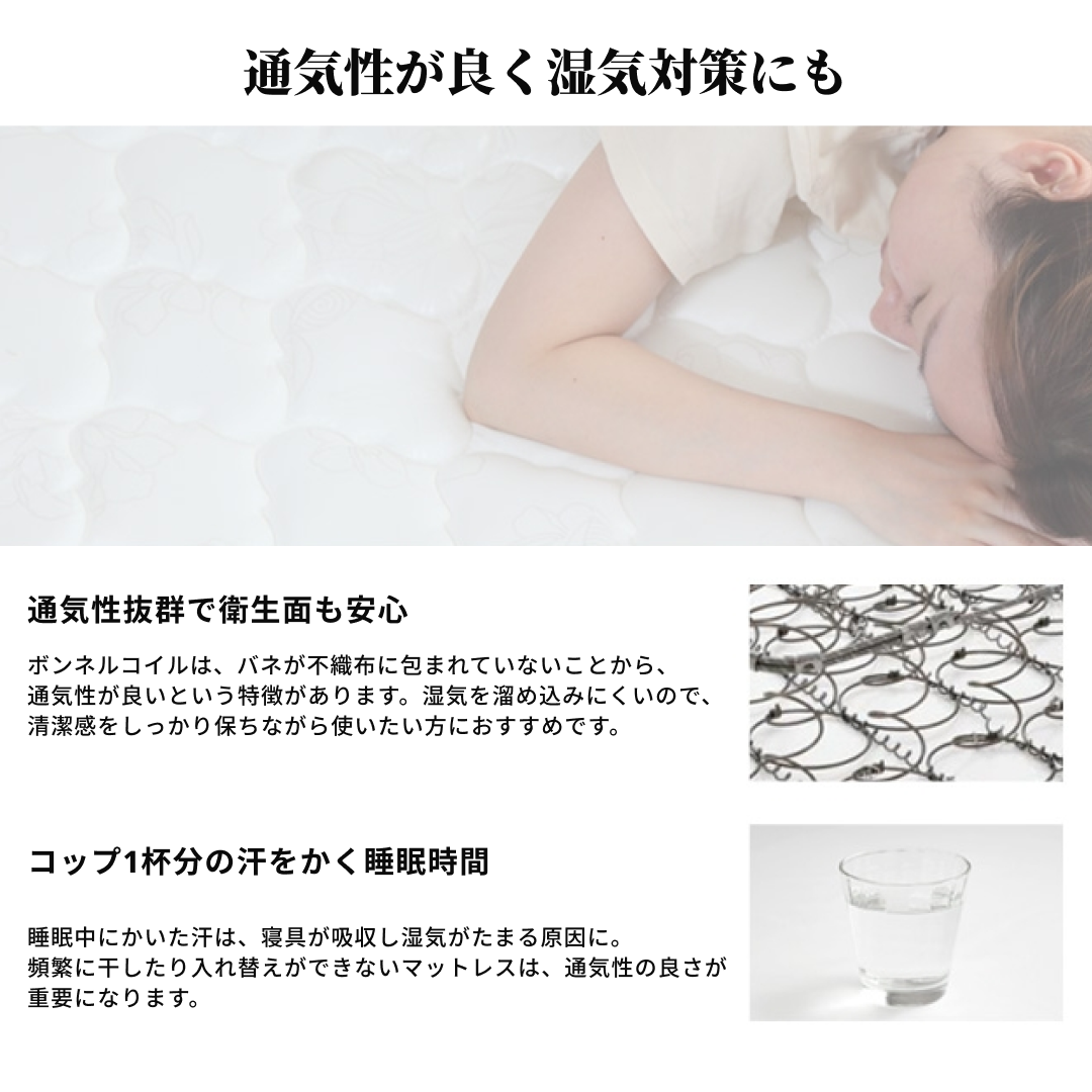 ホワイトのボンネルコイルマットレスの特徴説明