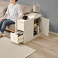 Light wood finished modern マルチ収納サイドテーブル with open cabinet doors and a drawer