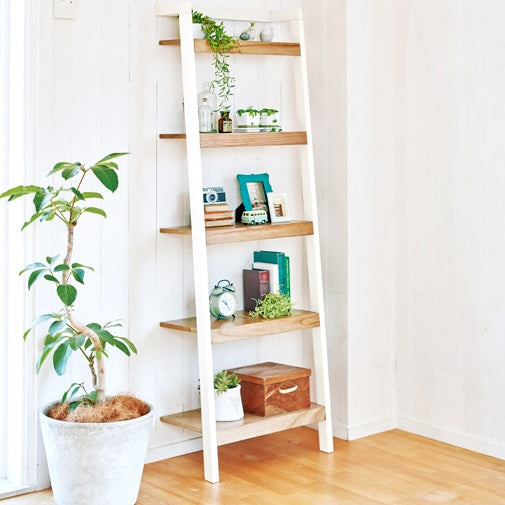 ウッドはしごラックホワイトを壁にかけて置いてある様子