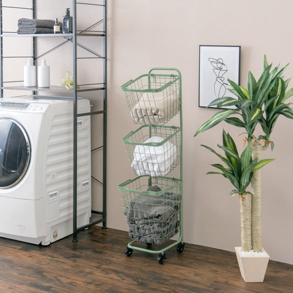 グリーンのキャスター付き3段角型バスケットランドリーラック