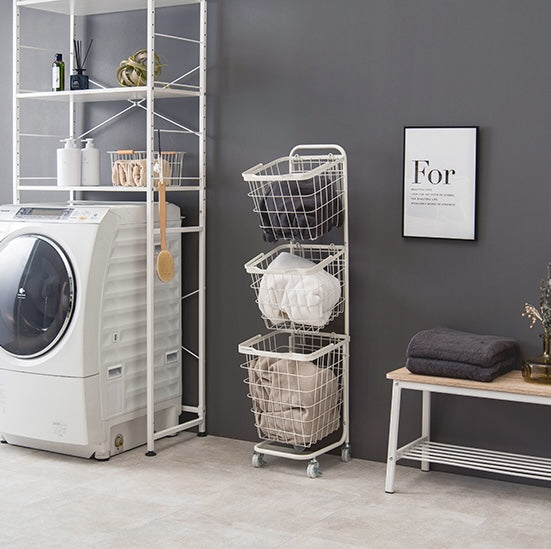 ホワイトのキャスター付き3段角型バスケットランドリーラック