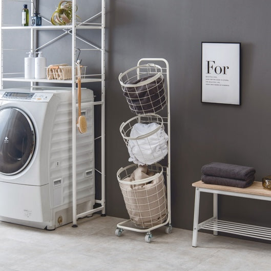 ホワイトのキャスター付き3段丸型バスケットランドリーラック