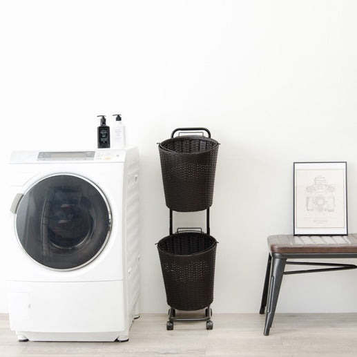 ラタン調ランドリーバスケットラック