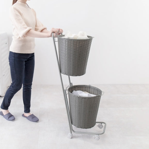 ラタン調ランドリーバスケットラック