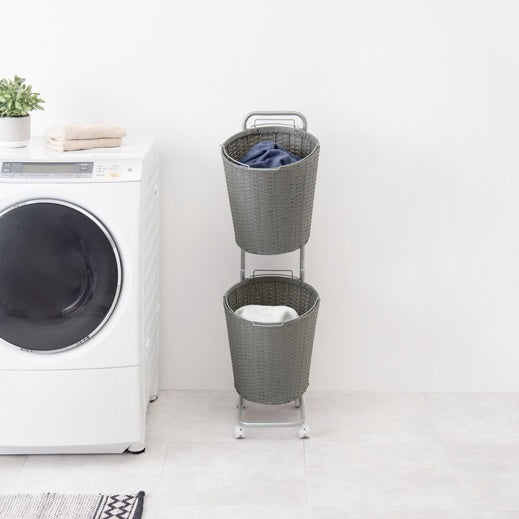 ラタン調ランドリーバスケットラック