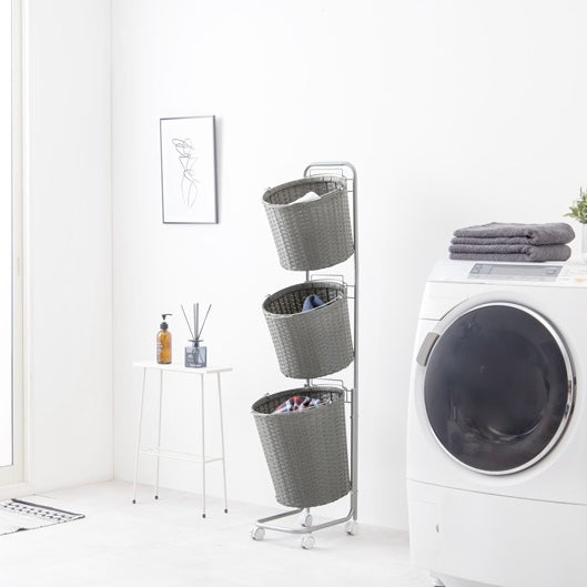 ラタン調ランドリーバスケットラック