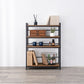 ブラックの4段アイアン脚キャビネットにマグカップやディフューザー、本、植物などを置いている様子