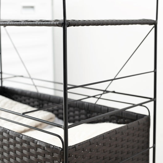 ダークブラウンの幅30cmのスリムな設計の引き出し収納のワイヤー部分のアップ