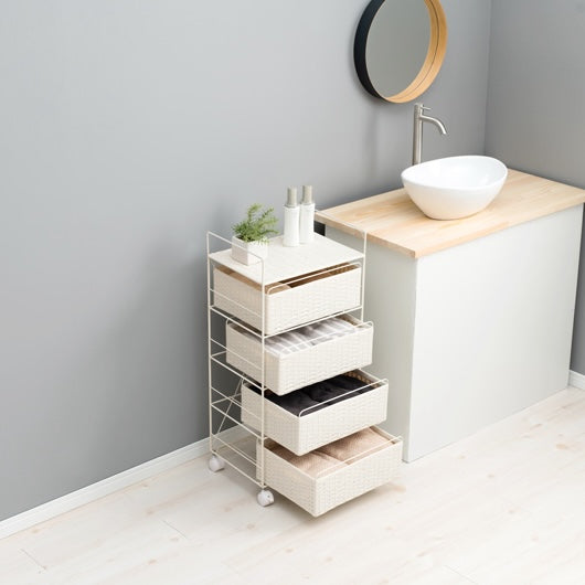 幅40cmのラタン調デザインのランドリー引出し収納が洗面所に置かれている