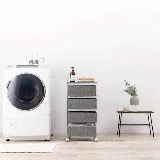 幅40cmのラタン調デザインのランドリー引出し収納が洗濯機横に置かれている